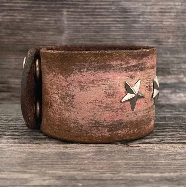 Pink Leather Bracelet with Star Rivets
