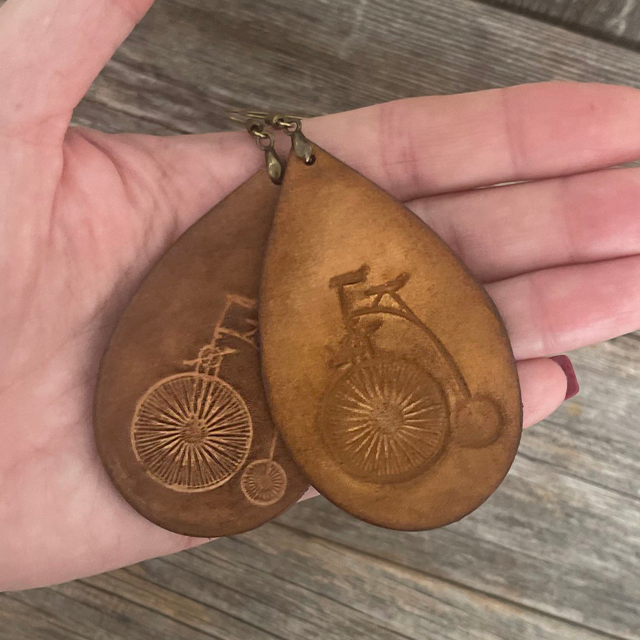 MADE TO ORDER - Long Leather Drop Earrings with Bicycle Design