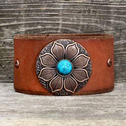 One of a kind genuine leather bracelet with antique copper flower concho