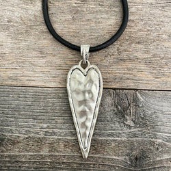 MADE TO ORDER - Tibetan Long Heart Pendant Leather Necklace