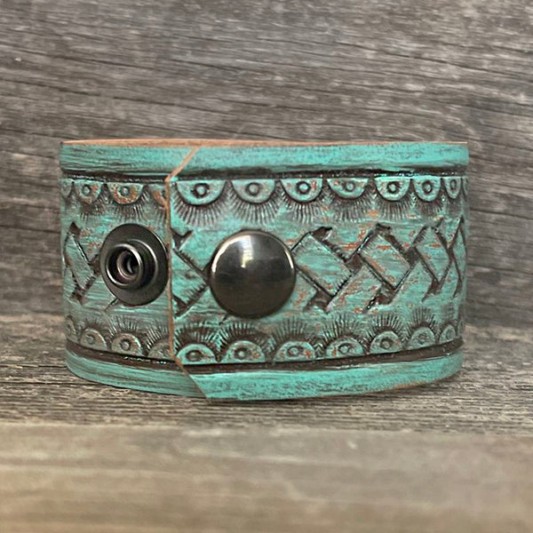 One of a Kind, genuine leather patina flower concho bracelet