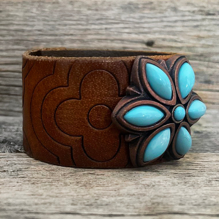 One of a kind Genuine Tooled Leather Bracelet Big Blue Flower Concho