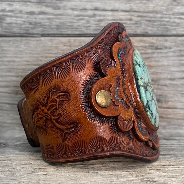 One of a Kind - Tooled Leather Bracelet with Big Tibetan Turquoise