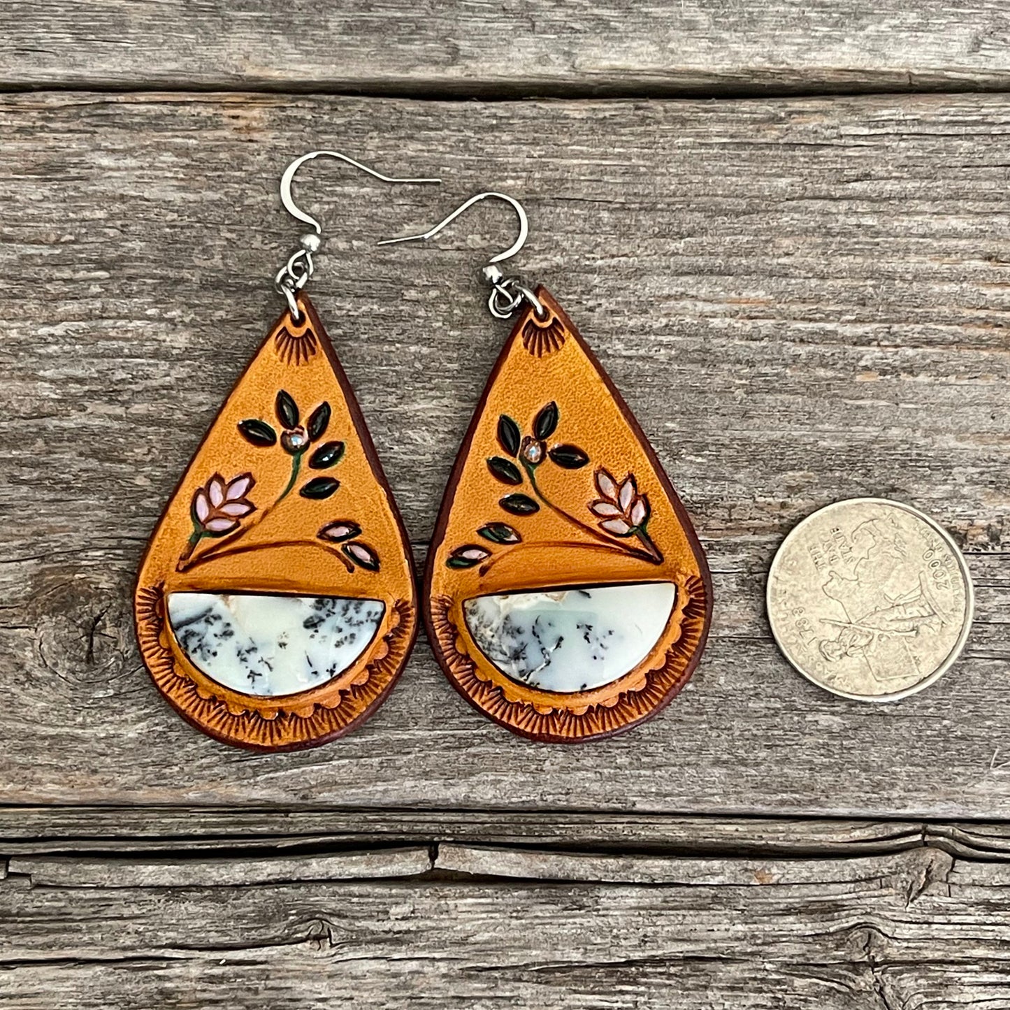 One of a Kind, Half Moon Opal Inlay Leather Earrings