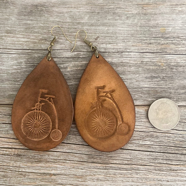 MADE TO ORDER - Long Leather Drop Earrings with Bicycle Design