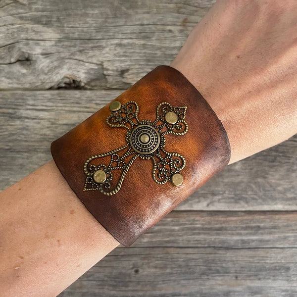 MADE TO ORDER - Wide Antique Cross Leather Bracelet | Boho Accessories