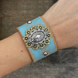 Genuine vintage leather bracelet with silver gold Concho