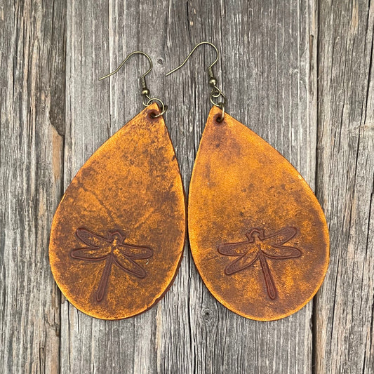 MADE TO ORDER - Extra Long Leather Drop Earrings with Dragonfly Design