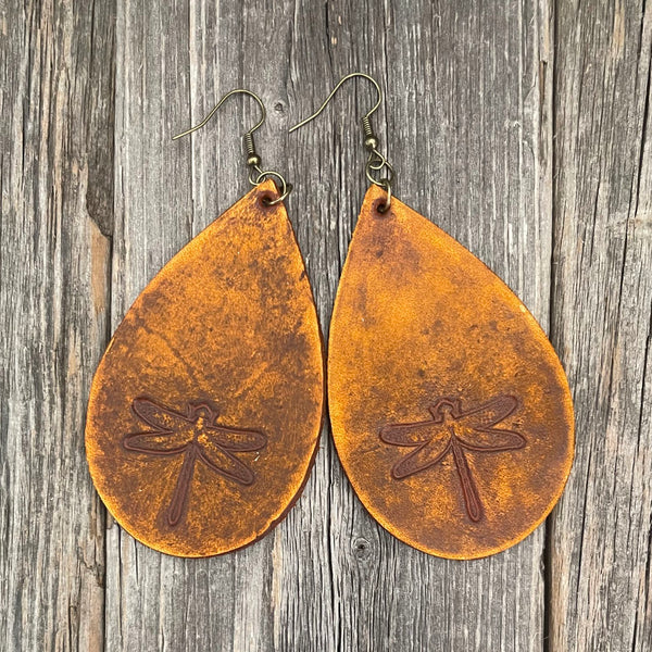 MADE TO ORDER - Leather Drop Earrings with Dragonfly Design