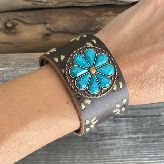 One of a kind genuine leather bracelet with big flower copper concho