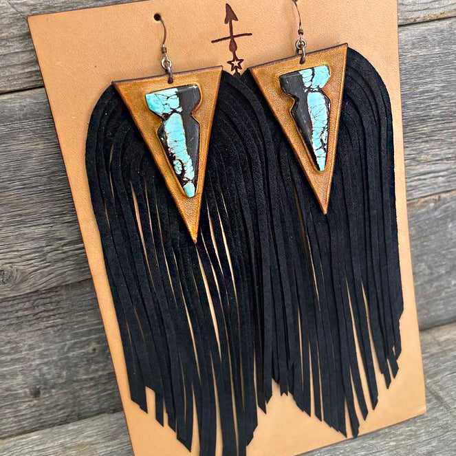 One of a Kind - Genuine turquoise, statement fringe leather earrings