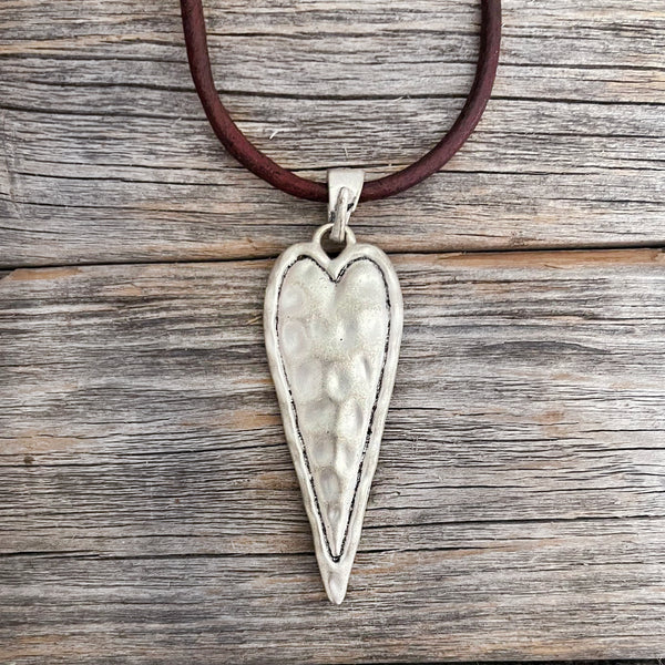 MADE TO ORDER - Tibetan Long Heart Pendant Leather Necklace