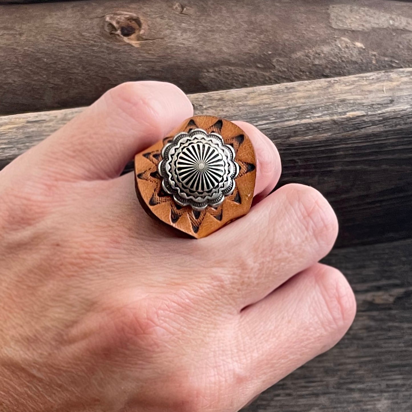 One of a Kind Leather Mandala Boho Ring