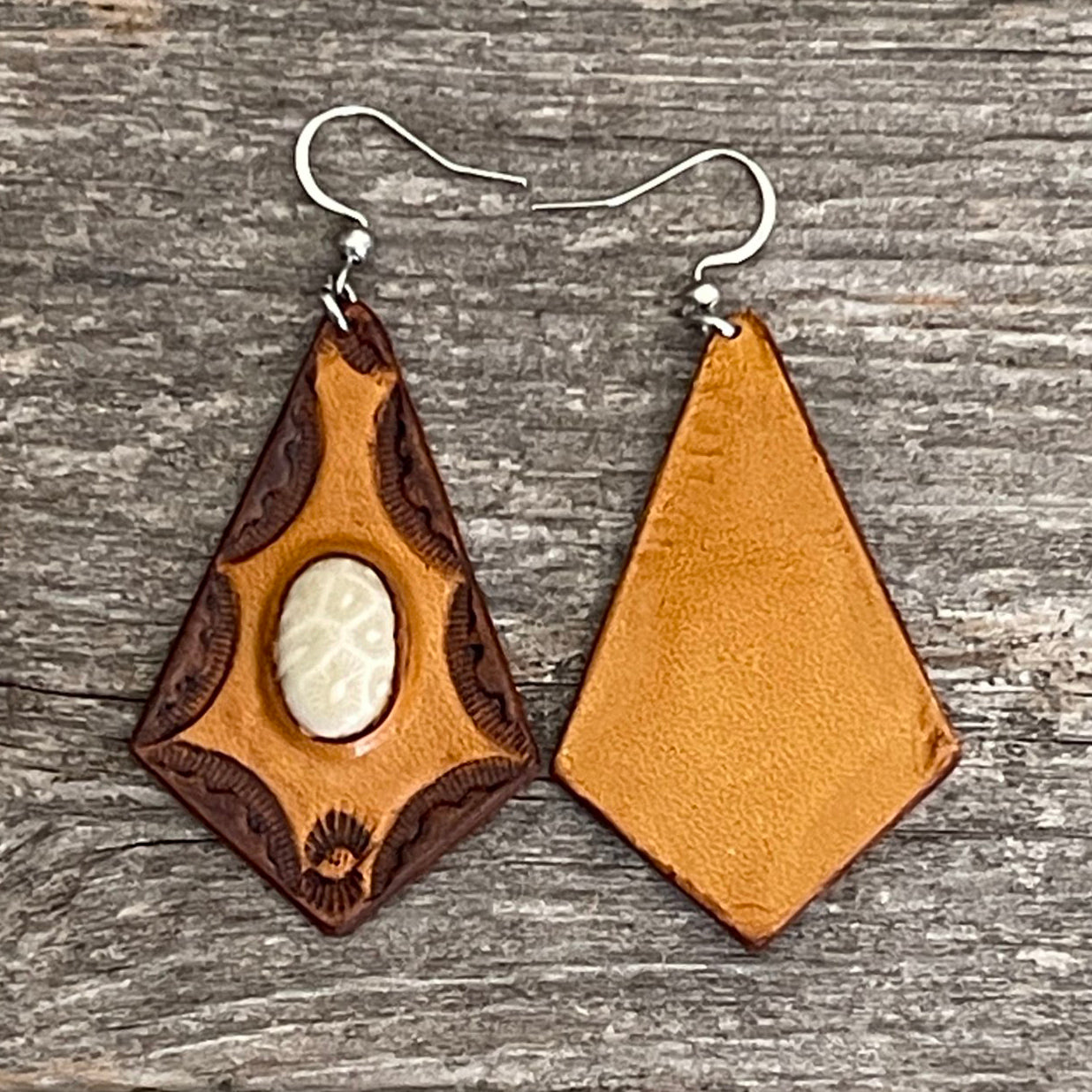 One of a Kind - White Coral Inlay Leather Earrings