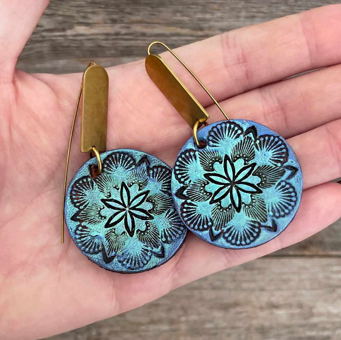 One of a Kind Handcrafted blue flower leather earrings