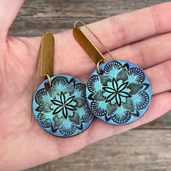 One of a Kind blue flower leather earrings