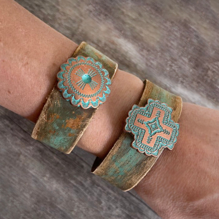 MADE TO ORDER - Genuine Leather Bracelet Turquoise Patina Concho