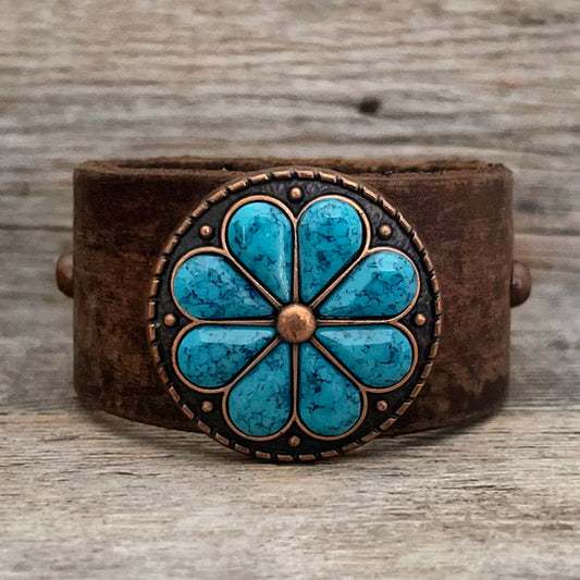 One of a Kind Genuine Distressed Leather Bracelet with Flower Concho