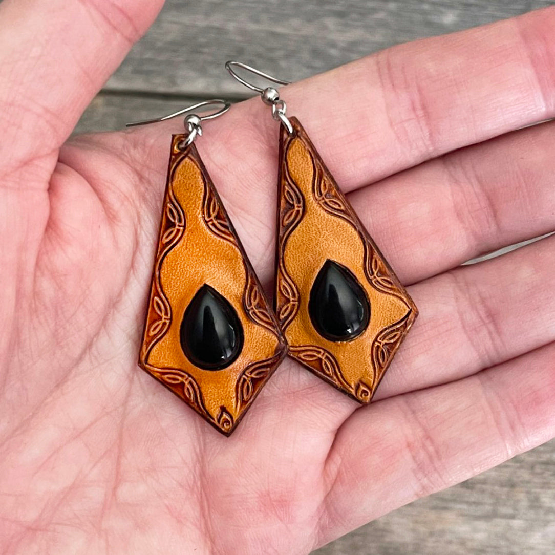 One of a Kind - Black Onyx inlay tooled leather earrings