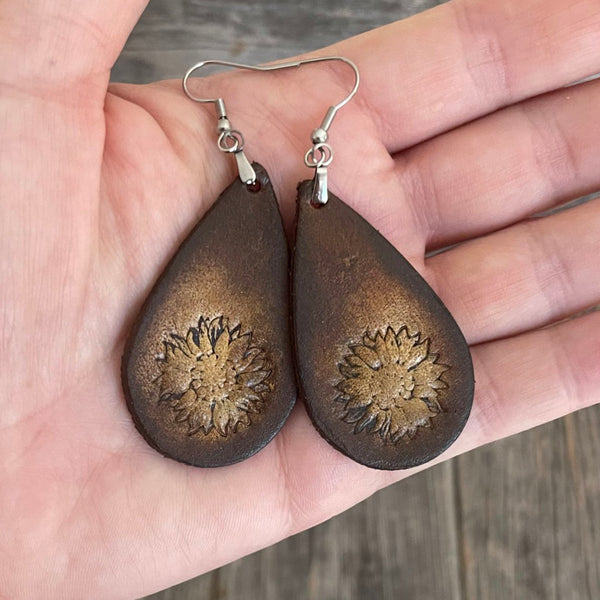 MADE TO ORDER - One of a Kind, genuine leather drop boho handmade earrings with sunflower design