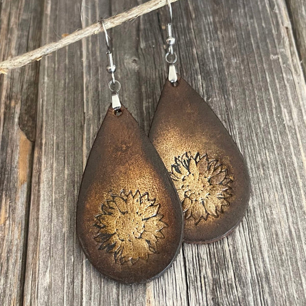 MADE TO ORDER - One of a Kind, genuine leather drop boho handmade earrings with sunflower design