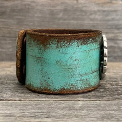 MADE TO ORDER - Turquoise Leather Bracelet with Sunflower Concho