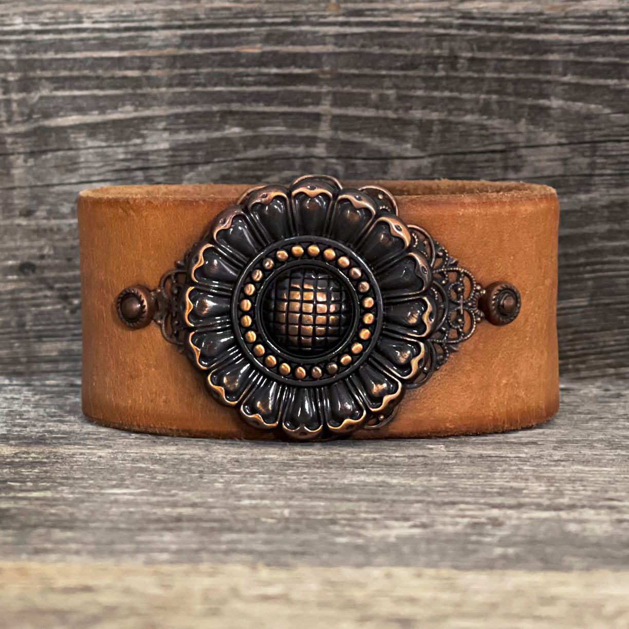 One of a kind Leather Bracelet with Flower Copper Concho