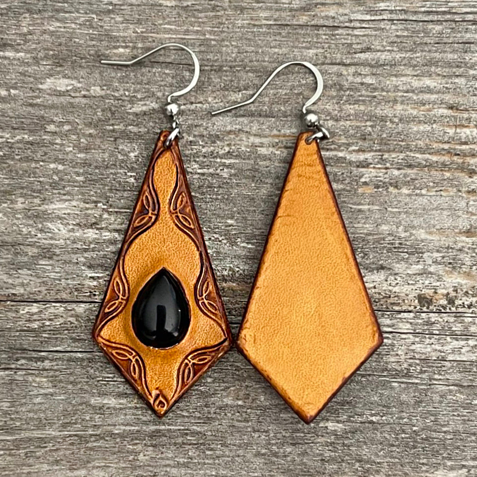 One of a Kind - Black Onyx inlay, tooled leather earrings