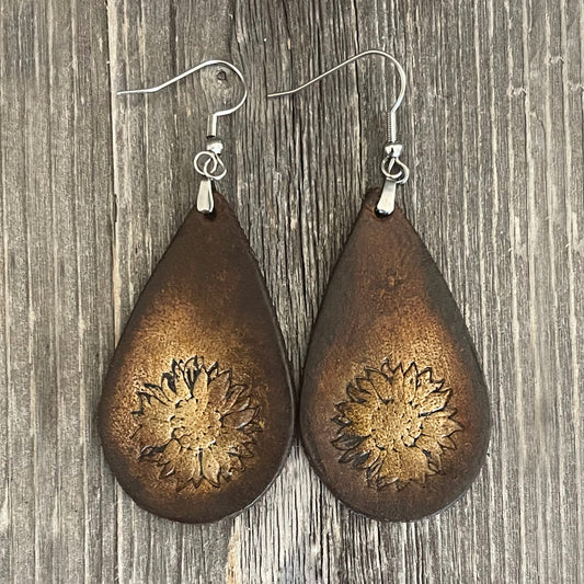 MADE TO ORDER - Leather Drop Boho Earrings with Sunflower