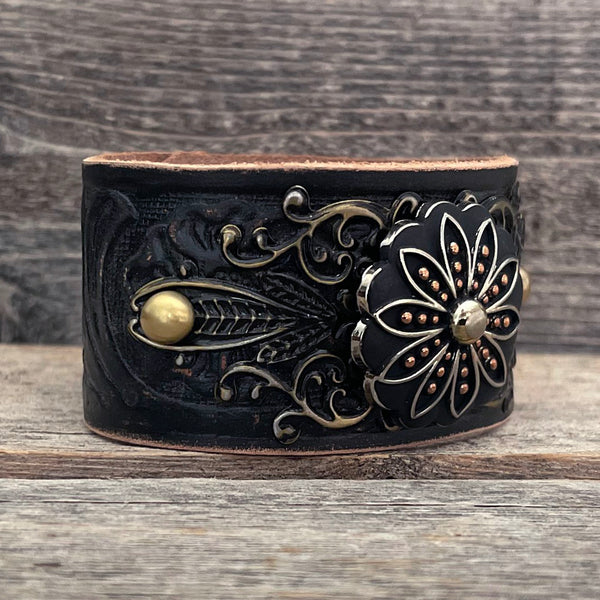 One of a kind, Handmade Leather Bracelet, black and silver flower concho