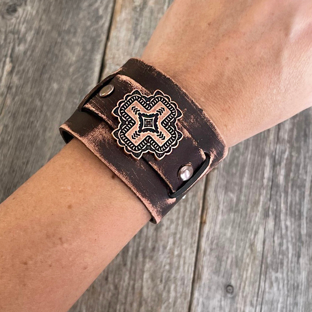 MADE TO ORDER - Caoba Brown and Copper Concho Leather Bracelet