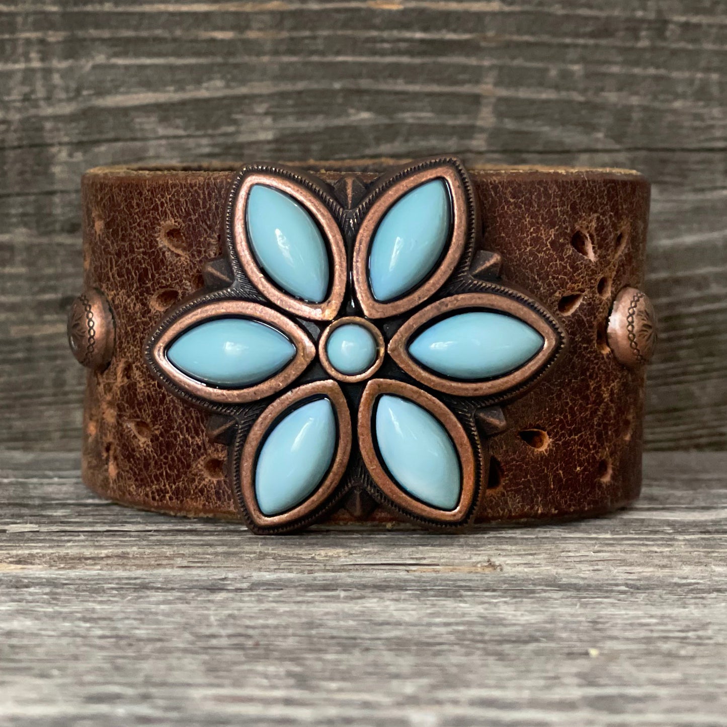 One of a kind Genuine Leather Bracelet Big Blue Flower Concho