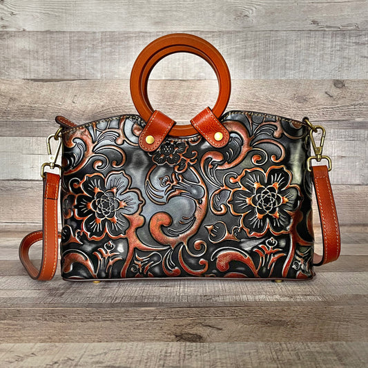 ARABESCA Tooled Leather Handbag Wooden Handles | Boho Accessories