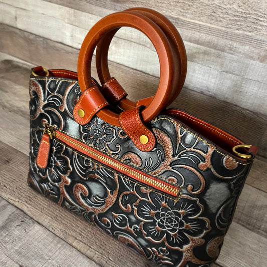 ARABESCA Tooled Leather Handbag Wooden Handles | Boho Accessories