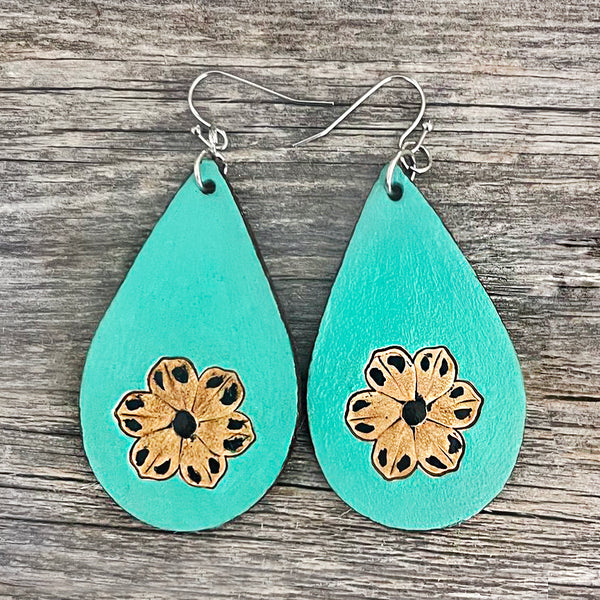 MADE TO ORDER - Turquoise Leather Drop Earrings with Brown Flower