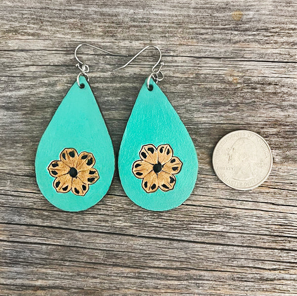 MADE TO ORDER - Turquoise Leather Drop Earrings with Brown Flower