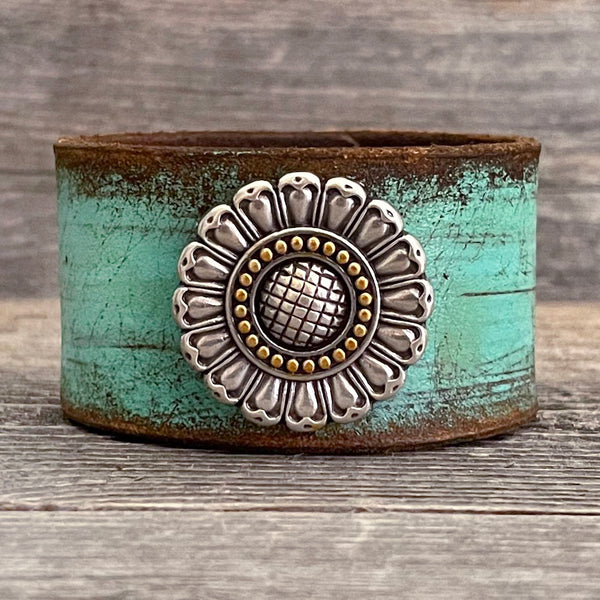 MADE TO ORDER - Turquoise Leather Bracelet with Sunflower Concho