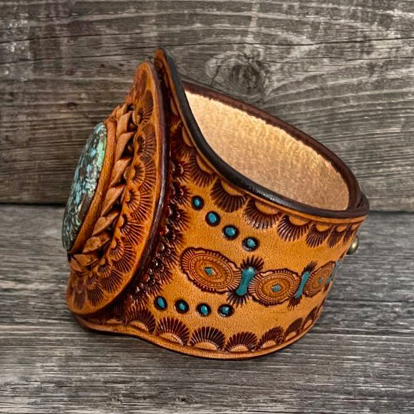 One of a Kind - Tooled Leather Bracelet with Kingman Turquoise