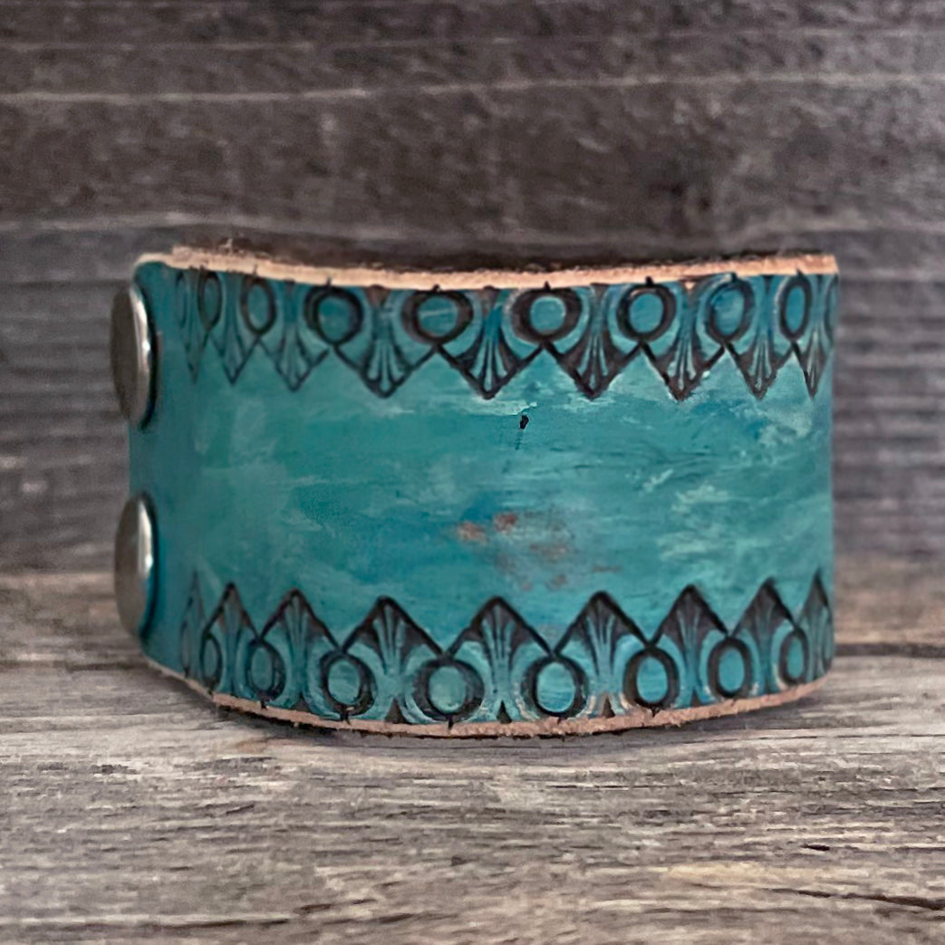 One of a kind, Genuine Leather Boho Bracelet Tooled Pattern