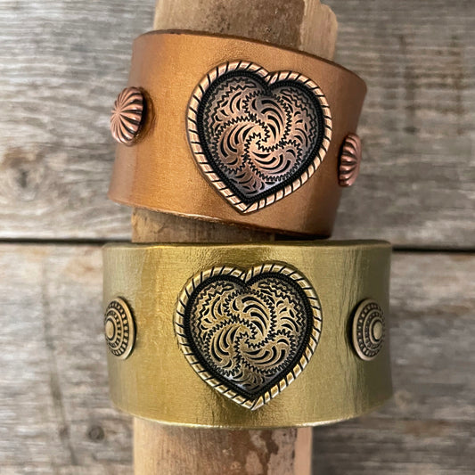 MADE TO ORDER - Genuine Metallic Leather Bracelet With Heart Concho