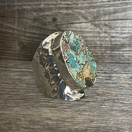 Turquoise Hammered  Copper Ring