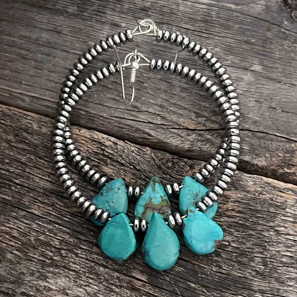 Genuine turquoise beads and silver hoop boho earrings