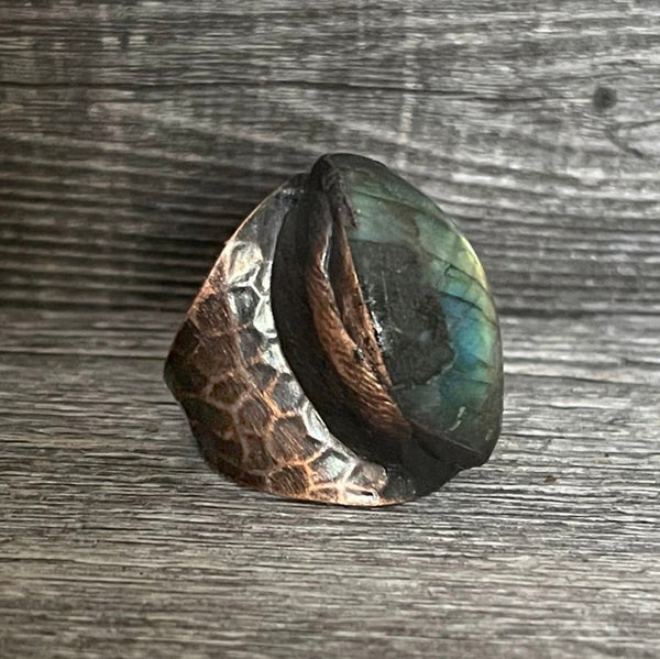 One of a Kind Labradorite Hammered Antique Copper Ring