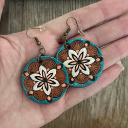 One of a kind - Hand Tooled Painted Leather Flower Earrings