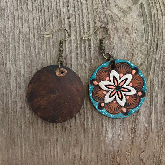 One of a kind - Hand tooled and hand painted boho leather flower earrings