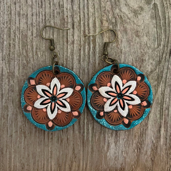 One of a kind - Hand Tooled Painted Leather Flower Earrings