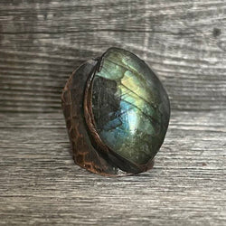 One of a Kind Labradorite Hammered Antique Copper Ring