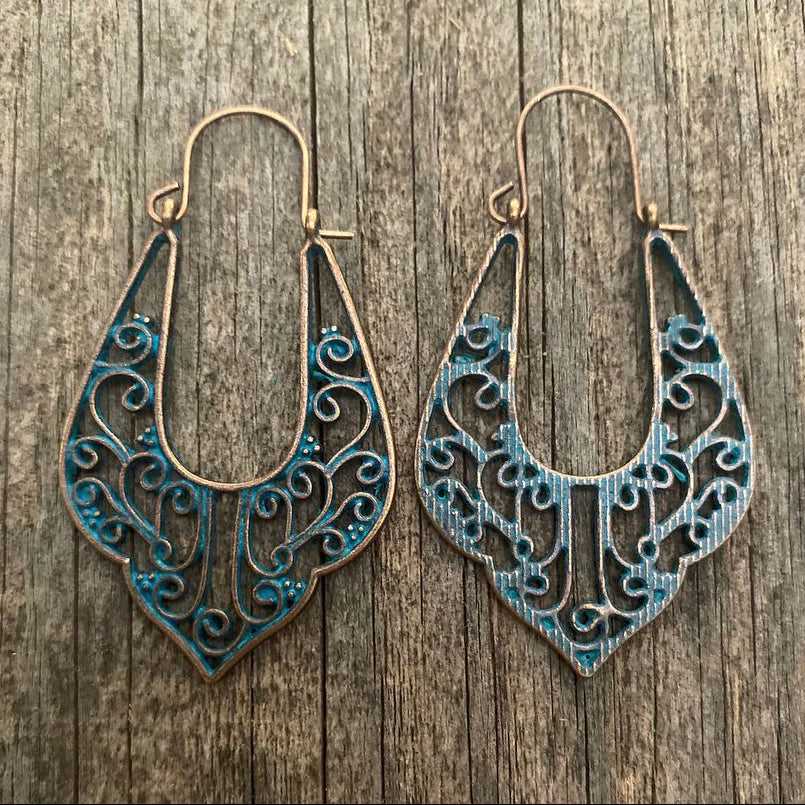 Turquoise patina copper boho earrings