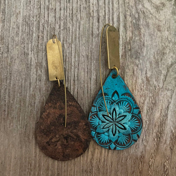 One of a kind - Hand tooled and hand painted boho leather drop flower earrings