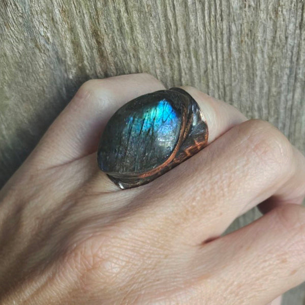 One of a Kind Labradorite Hammered Antique Copper Ring